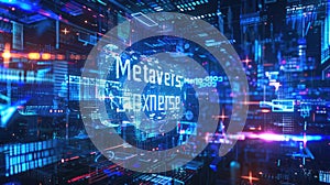 Futuristic dark cyber space with neon sign Metaverse, abstract digital world, lettering on data lights background. Concept of