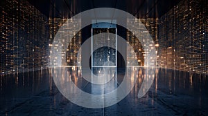 A futuristic, dark and mysterious corridor with glowing walls and a reflective floor. The space is illuminated by an unseen light