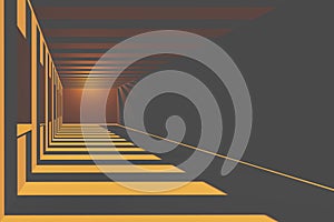 Futuristic dark tunnel with orange lights and long deep shadows 3d render