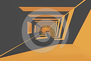 Futuristic dark tunnel with orange lights and long deep shadows3d render