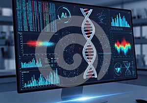 Advanced ai and dna data analytics dashboard with digital interface and charts