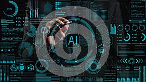 Futuristic Dashboard Displaying AI Metrics and Analytics with Digital Elements and Hand Interacting with Data