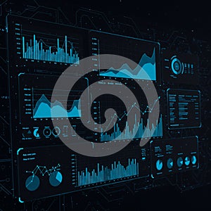 Futuristic dashboard displaying multiple data visualizations, including bar graphs, line