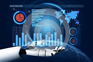 Futuristic Dashboard Interface with Robotic Hand Displaying Data Visualization and Global Connectivity Impute