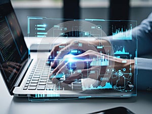 Futuristic data analysis with augmented reality on laptop
