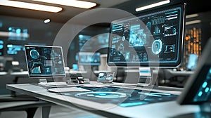 Data analysis center with multiple monitors displaying complex data visualizations and information panels