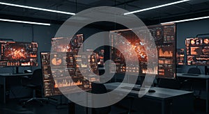 Futuristic Data Analysis Center with Multiple Large Monitors Showing Global Network and Graph Data