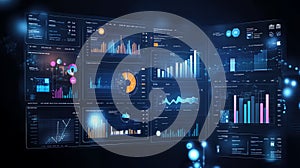 Futuristic data analysis dashboard with visualizations and graphs
