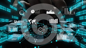 Futuristic Data Analysis and Digital Information Concept with Graphs, Numbers, and Visual Charts on a Keyboard