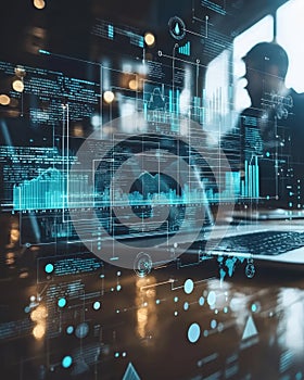 Futuristic data analysis and digital technology interface in a modern workspace