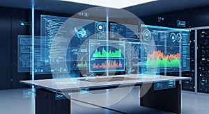 Futuristic data analysis interface displays complex graphs and charts on a meeting table