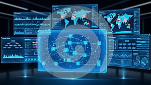 Futuristic Data Analysis Interface with Global Network Visualization