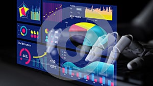 Futuristic Data Analysis Interface with Graphs, Charts, and Hands Interacting with Performance Metrics on a Digital
