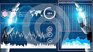 Futuristic Data Analysis Interface with Robotic Hand Touching Digital Charts and Graphs Representing Technology and