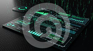 Futuristic data analysis interface with a sleek design featuring green holographic