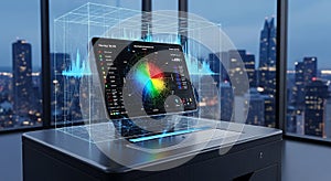 Futuristic data analysis interface on tablet with city skyline background