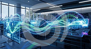 Futuristic Data Analysis in a Modern Server Room with Digital Waves