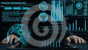 Futuristic Data Analysis and Processing Interface with Digital World Map and Graphs for Business Insights and Strategic