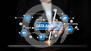 Futuristic Data Analytics Concept with Digital Interface Displaying Statistics, Machine Learning, and Big Data Insights