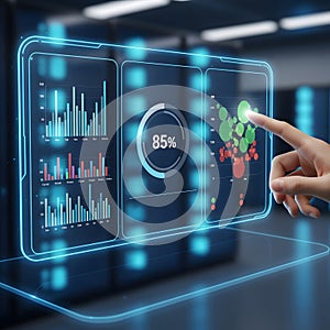 Futuristic Data Analytics on an Interactive Holographic Display, Showcasing Business Intelligence and Digital Transformation in a