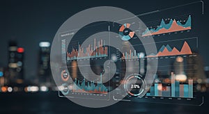 Futuristic data analytics interface featuring various graphs and charts overlayed on a