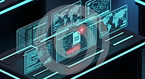 Futuristic data analytics interface with glowing world map visualization on multiple dark screens showing global information