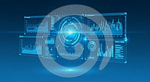 Futuristic data analytics interface with multiple graphs and charts