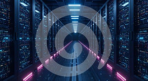 Futuristic Data Center Aisle with Blinking Servers and Neon Lighting