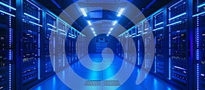 Futuristic data center aisle with blue LED lights, high-tech network servers. digital technology concept. AI
