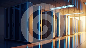 Futuristic Data Center Aisle with Glowing Server Racks