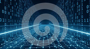 Futuristic data center with binary code and neon grid lines representing advanced technology and digital information