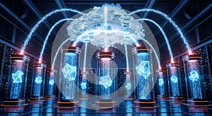 Futuristic powerful data center with cloud computing and server racks for network infrastructure