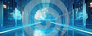 Futuristic data center with cloud icon representing cloud computing and technology, surrounded by modern servers and blue lighting