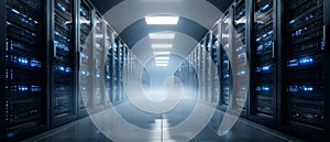 Futuristic data center corridor with blue server lights