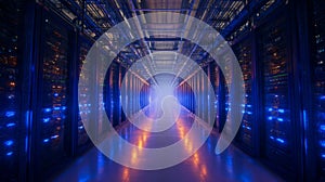 Futuristic data center corridor with blue server lights