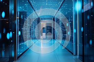 Futuristic Data Center Corridor with Digital Interfaces and Blue Light Reflections
