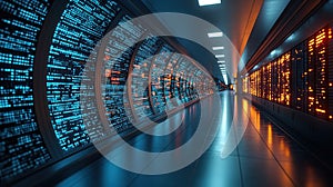 Futuristic data center corridor with glowing code walls