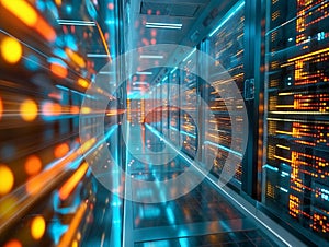Futuristic Data Center Corridor with Glowing Lights