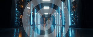 Futuristic data center corridor with glowing server rack, blue light, cyber security, network cable, cloud storage, technology,
