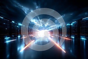 Futuristic Data Center Corridor With Glowing Server Racks and Dramatic Perspective in a Cloud Computing Environment