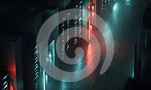 Futuristic Data Center Corridor with Glowing Server Racks