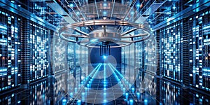 Futuristic data center corridor with illuminated pathway and advanced server racks. Generative AI