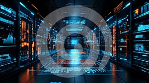 Futuristic data center corridor with illuminated servers and digital interfaces