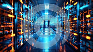 Data Center Server Room with Rows of Rack Servers and Network Connections