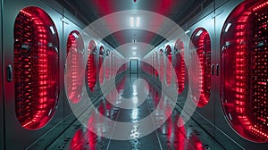 Futuristic Data Center Corridor With Red Lighting and Modern Technology at Night