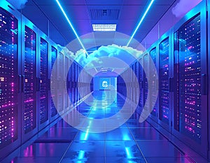 Modern Data Center Server Room with Cloud Computing Network Technology Concept