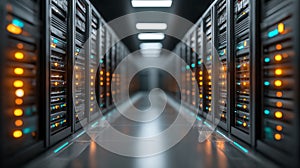 Futuristic data center corridor with server racks