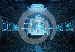 Futuristic Data Center Digital City Visualization, Server Room Innovation