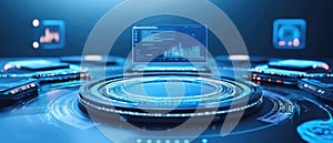 Futuristic Data Center with Digital Displays Showing Graphs and Code