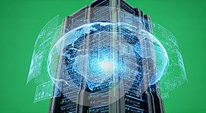 Futuristic Data Center with Digital Globe and Technology Network, Artificial Intelligence Concept
